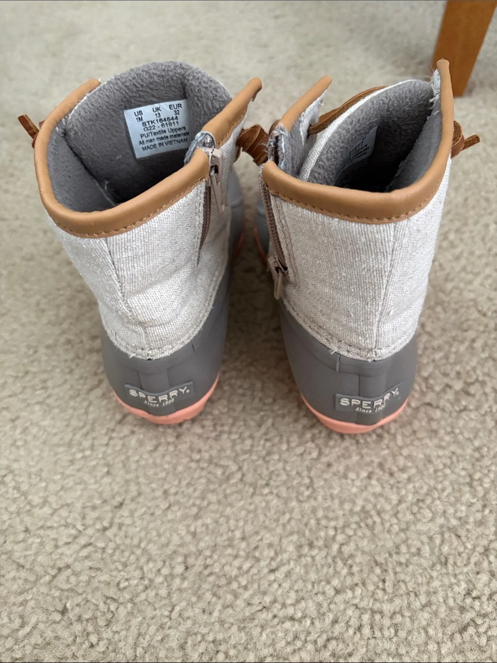 Sperry Kids Gray Duck Boots with Pink Trim and Tan Laces